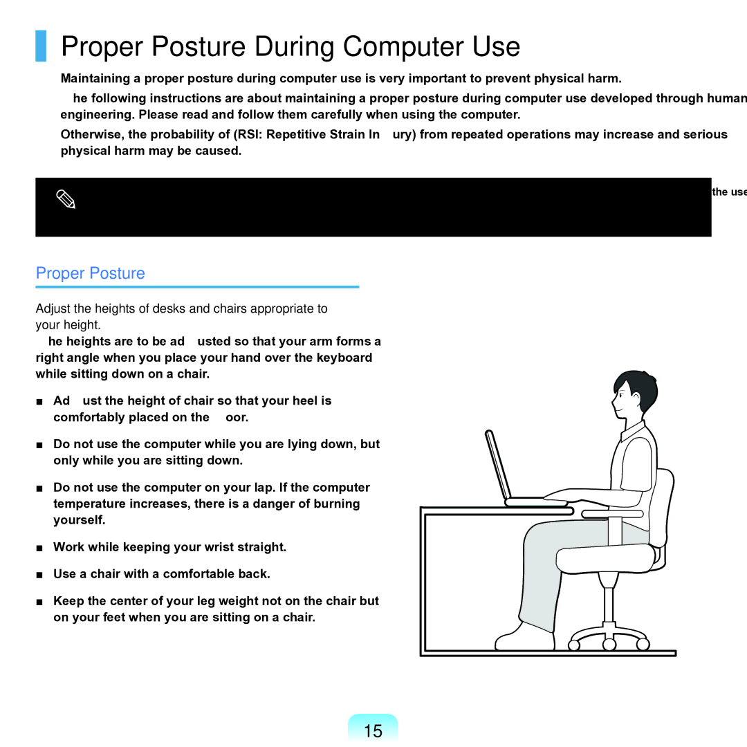 Samsung NP-Q45AV01/SPL manual Proper Posture During Computer Use 