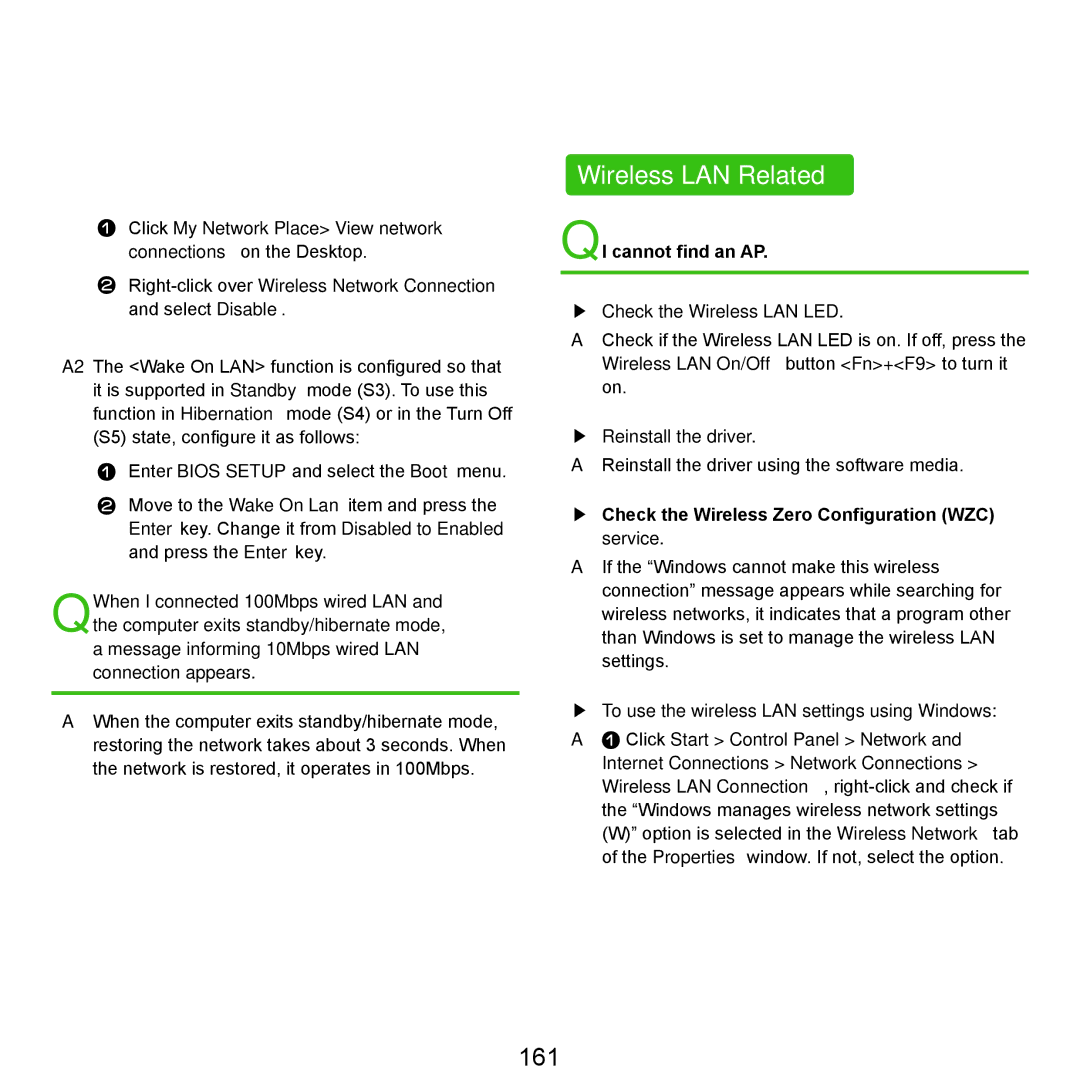 Samsung NP-Q45AV01/SPL manual Wireless LAN Related, 161, QI cannot find an AP Check the Wireless LAN LED 