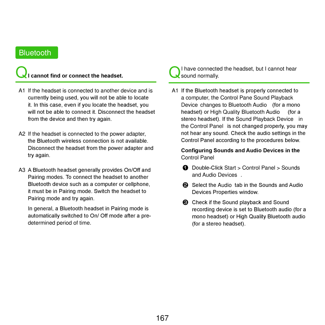 Samsung NP-Q45AV01/SPL manual Bluetooth, 167, QI cannot find or connect the headset 