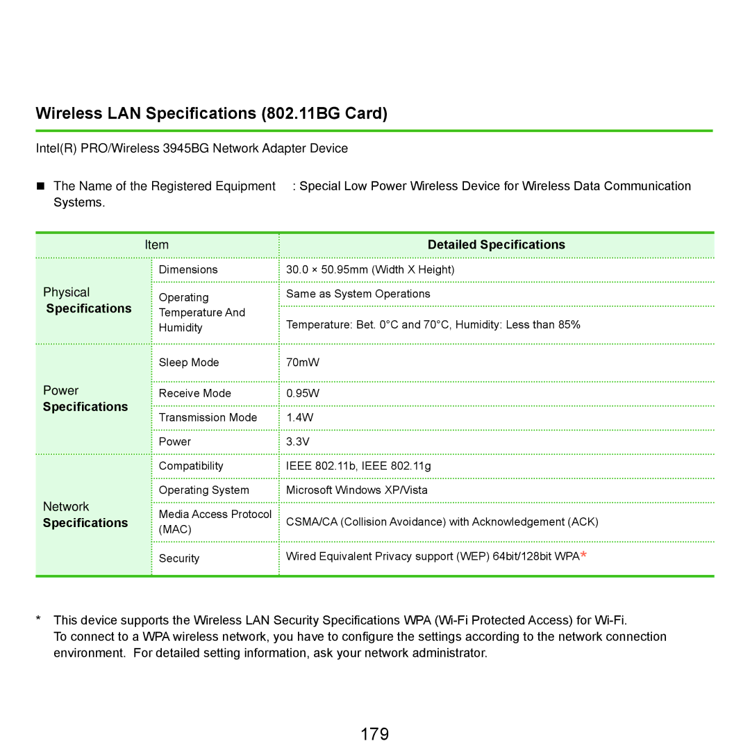 Samsung NP-Q45AV01/SPL 179, Wireless LAN Specifications 802.11BG Card, IntelR PRO/Wireless 3945BG Network Adapter Device 