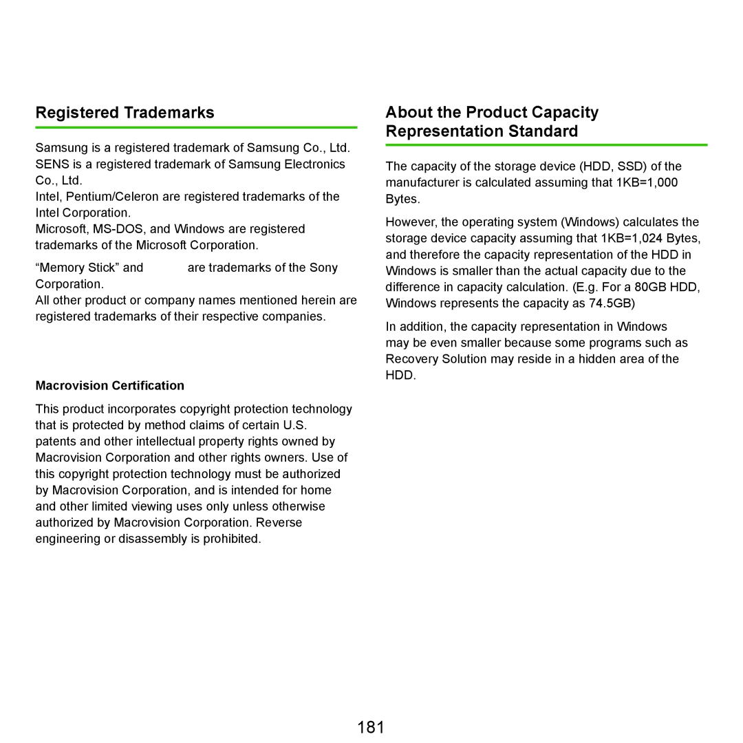 Samsung NP-Q45AV01/SPL manual 181, Registered Trademarks, About the Product Capacity Representation Standard 