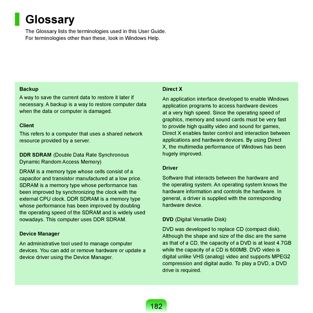 Samsung NP-Q45AV01/SPL manual Glossary, 182 