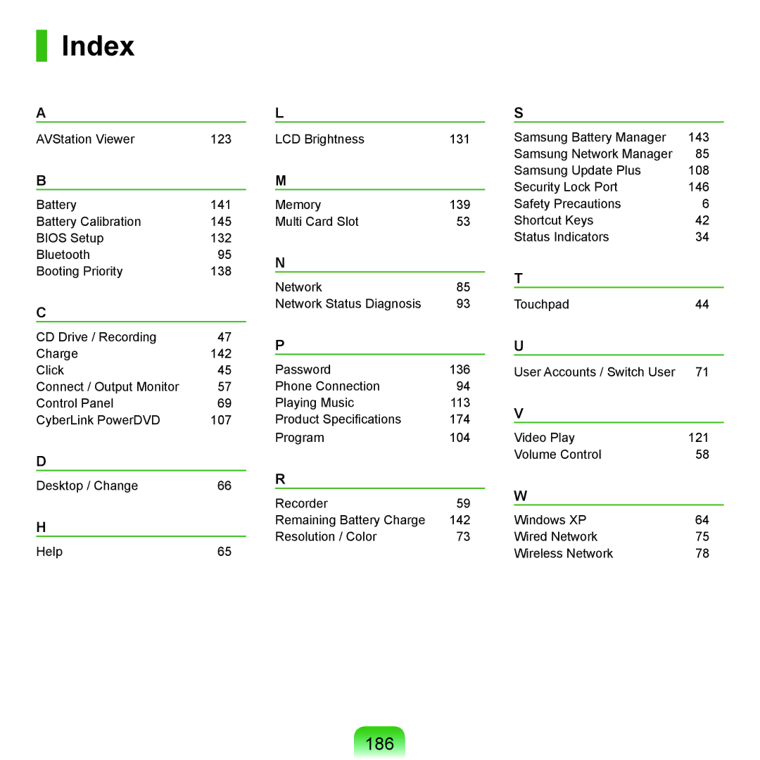 Samsung NP-Q45AV01/SPL manual Index, 186 