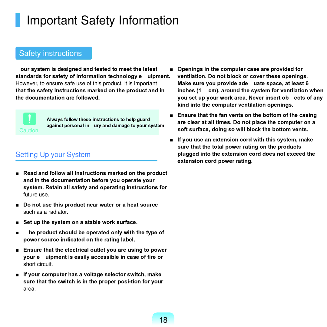 Samsung NP-Q45AV01/SPL manual Important Safety Information, Safety instructions, Setting Up your System 