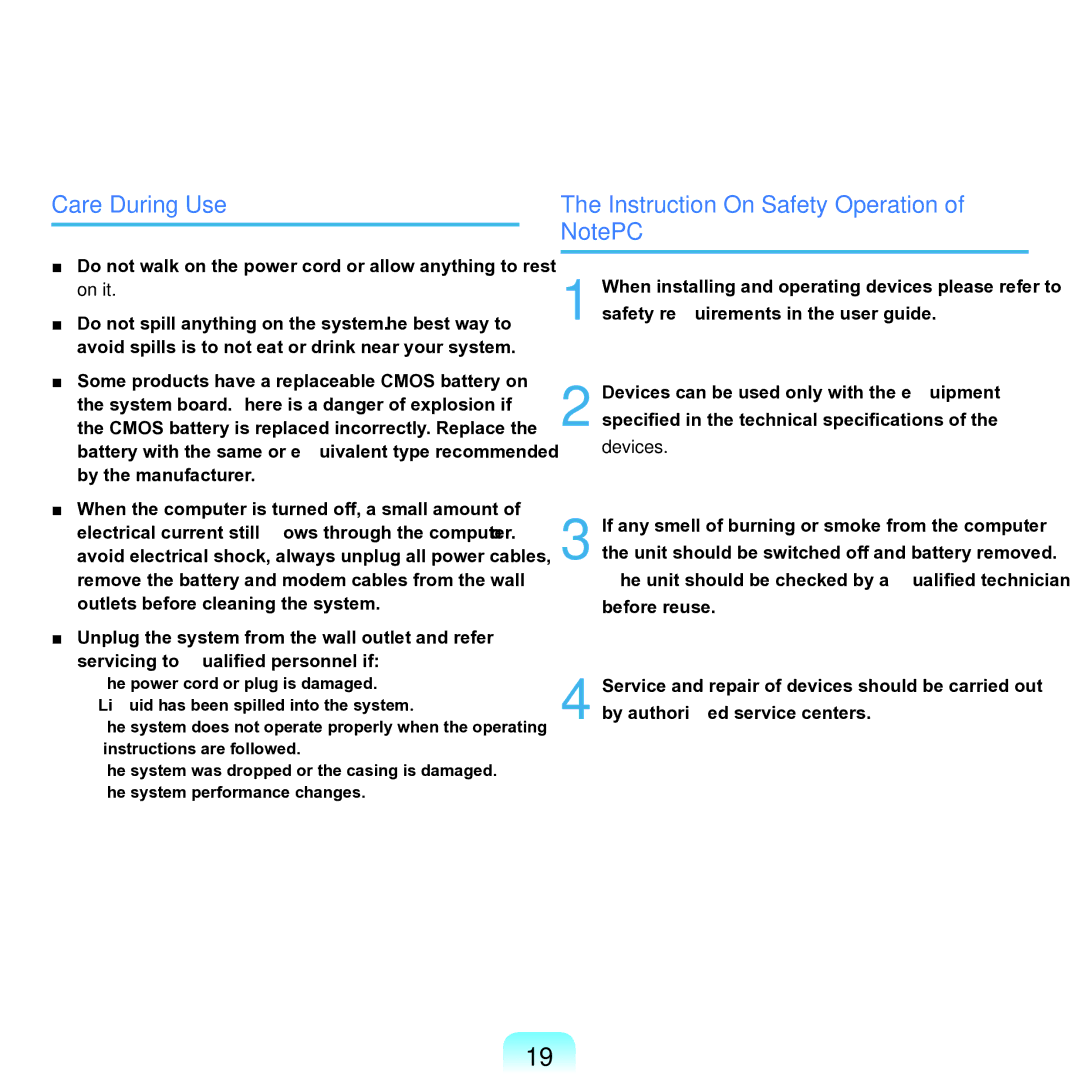 Samsung NP-Q45AV01/SPL manual Care During Use, Instruction On Safety Operation of NotePC 