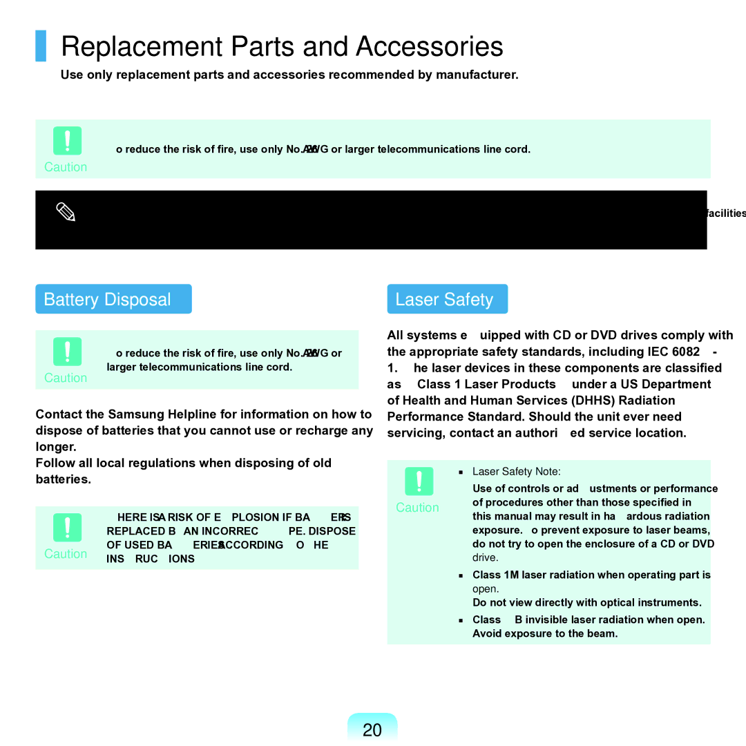 Samsung NP-Q45AV01/SPL manual Replacement Parts and Accessories, Battery Disposal Laser Safety, Laser Safety Note 