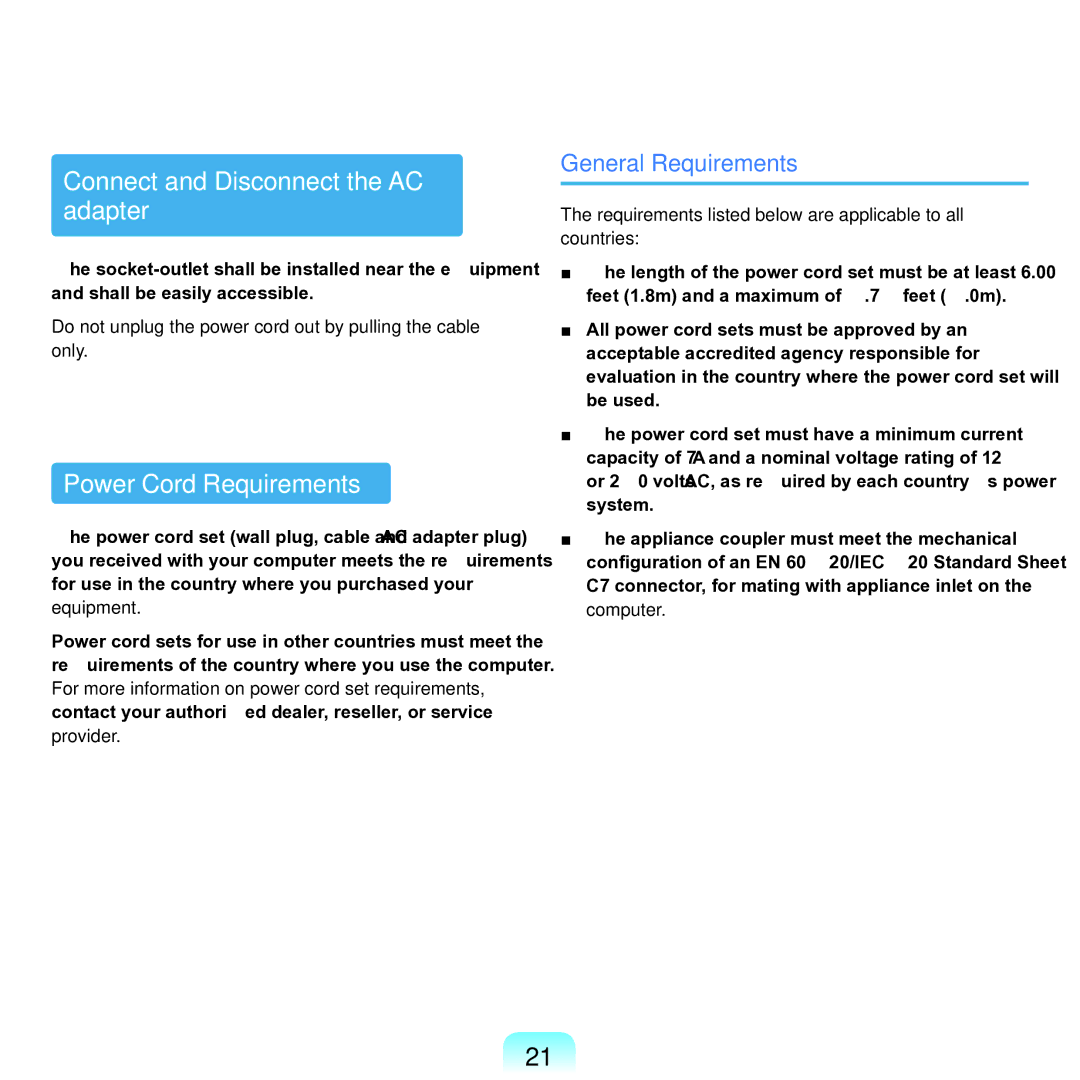 Samsung NP-Q45AV01/SPL manual Connect and Disconnect the AC adapter, Power Cord Requirements, General Requirements 