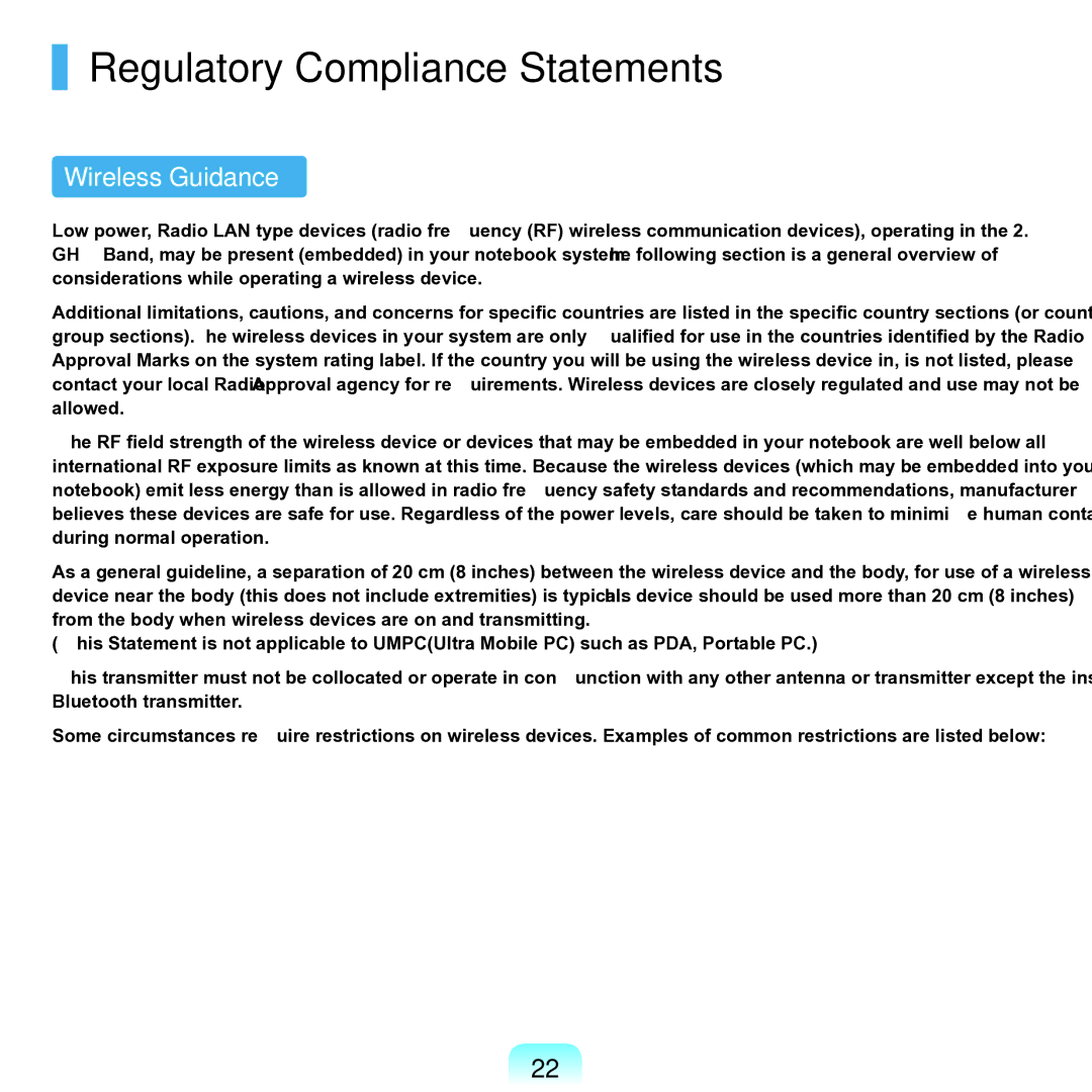 Samsung NP-Q45AV01/SPL manual Regulatory Compliance Statements, Wireless Guidance 