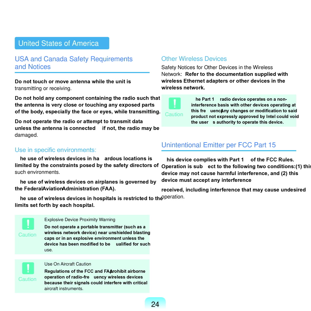 Samsung NP-Q45AV01/SPL United States of America, USA and Canada Safety Requirements and Notices, Use On Aircraft Caution 