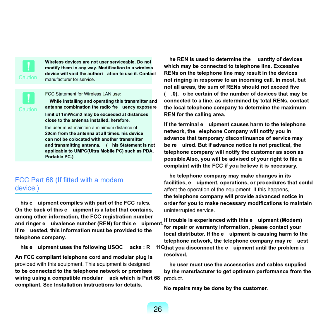 Samsung NP-Q45AV01/SPL manual FCC Part 68 If fitted with a modem device, FCC Statement for Wireless LAN use 