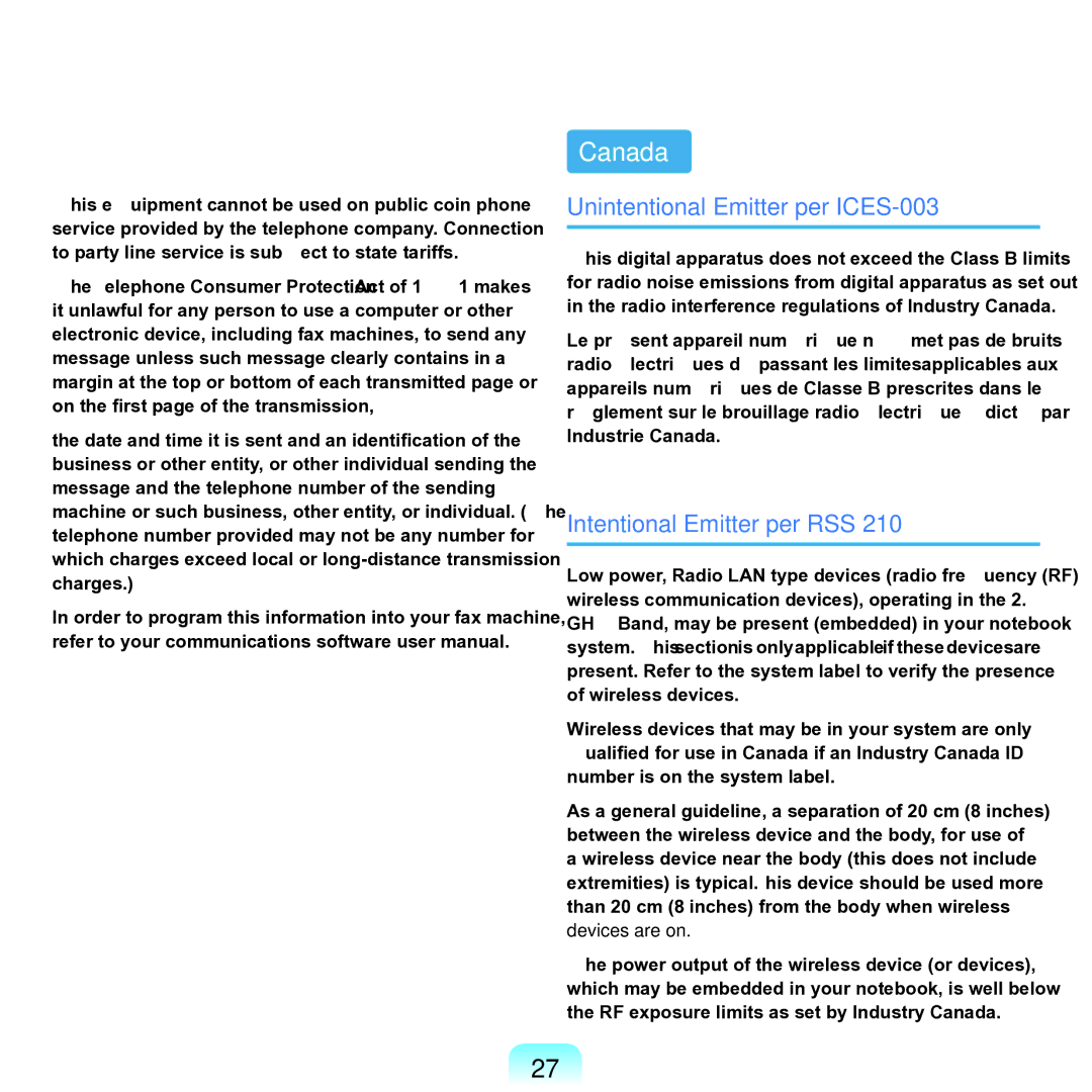 Samsung NP-Q45AV01/SPL manual Canada, Unintentional Emitter per ICES-003, Intentional Emitter per RSS 