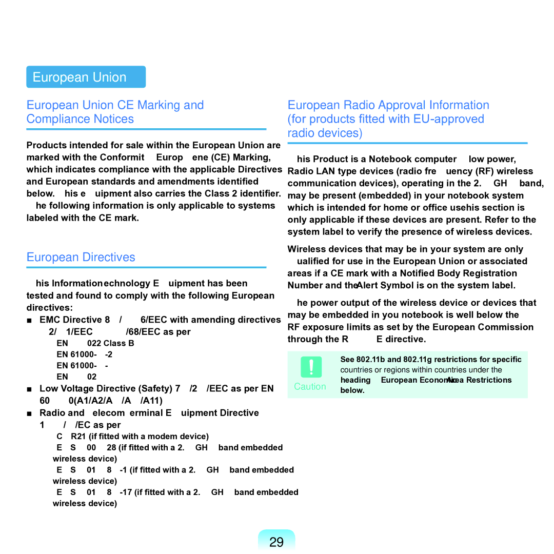 Samsung NP-Q45AV01/SPL manual European Union CE Marking and Compliance Notices, European Directives 