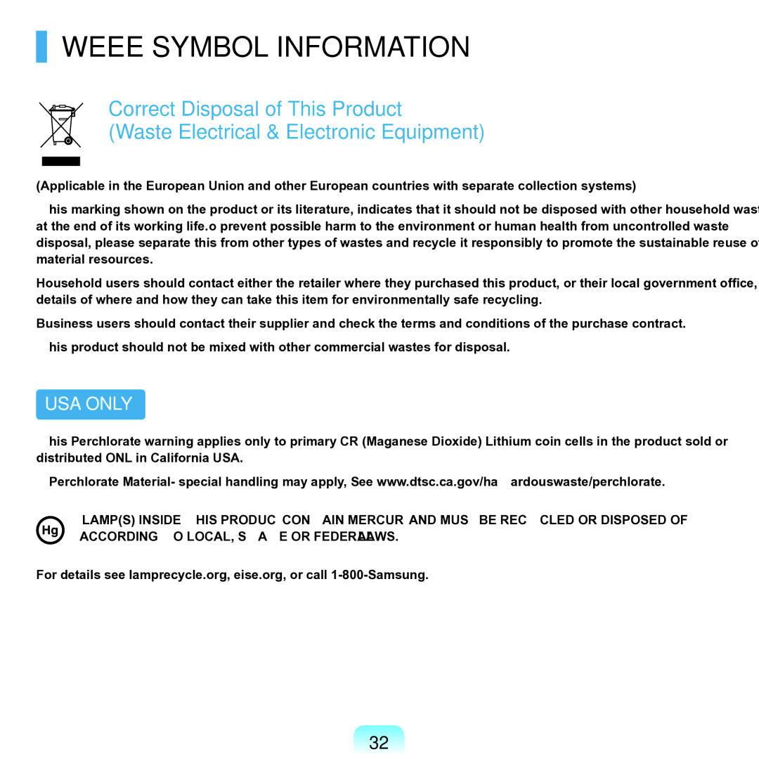 Samsung NP-Q45AV01/SPL manual Weee Symbol Information 