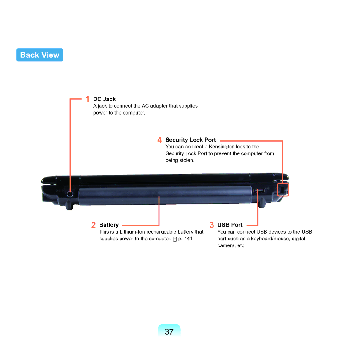 Samsung NP-Q45AV01/SPL manual Back View, DC Jack, Security Lock Port, Battery USB Port 