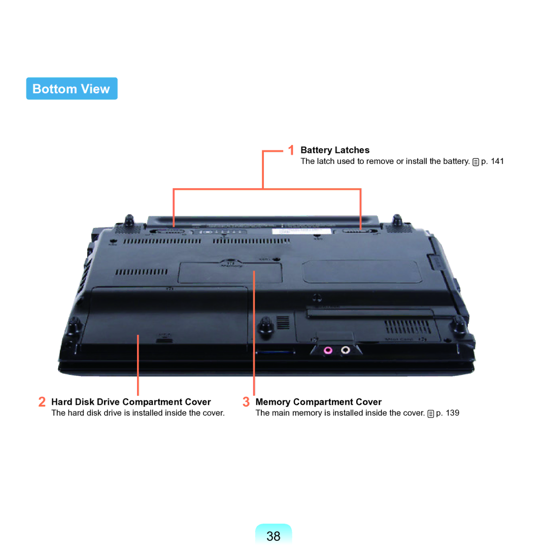 Samsung NP-Q45AV01/SPL manual Bottom View, Battery Latches, Hard Disk Drive Compartment Cover, Memory Compartment Cover 