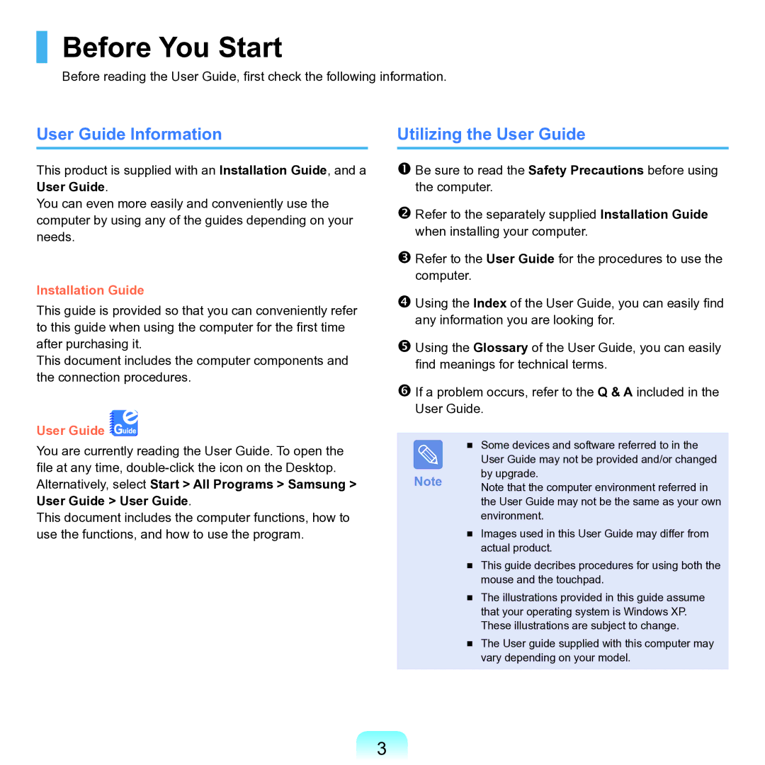 Samsung NP-Q45AV01/SPL manual Before You Start, User Guide Information, Utilizing the User Guide 