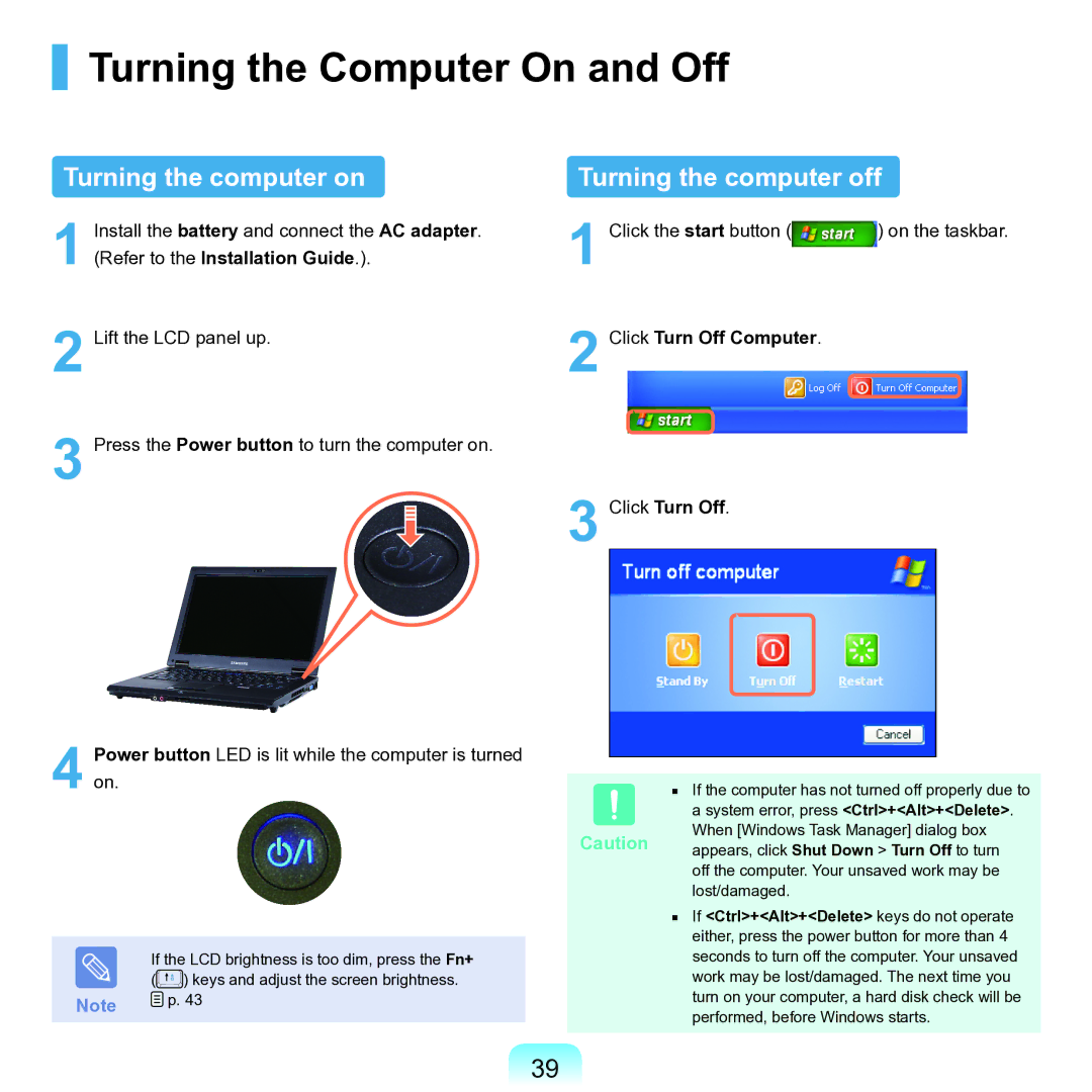 Samsung NP-Q45AV01/SPL manual Turning the Computer On and Off, Turning the computer on, Turning the computer off 