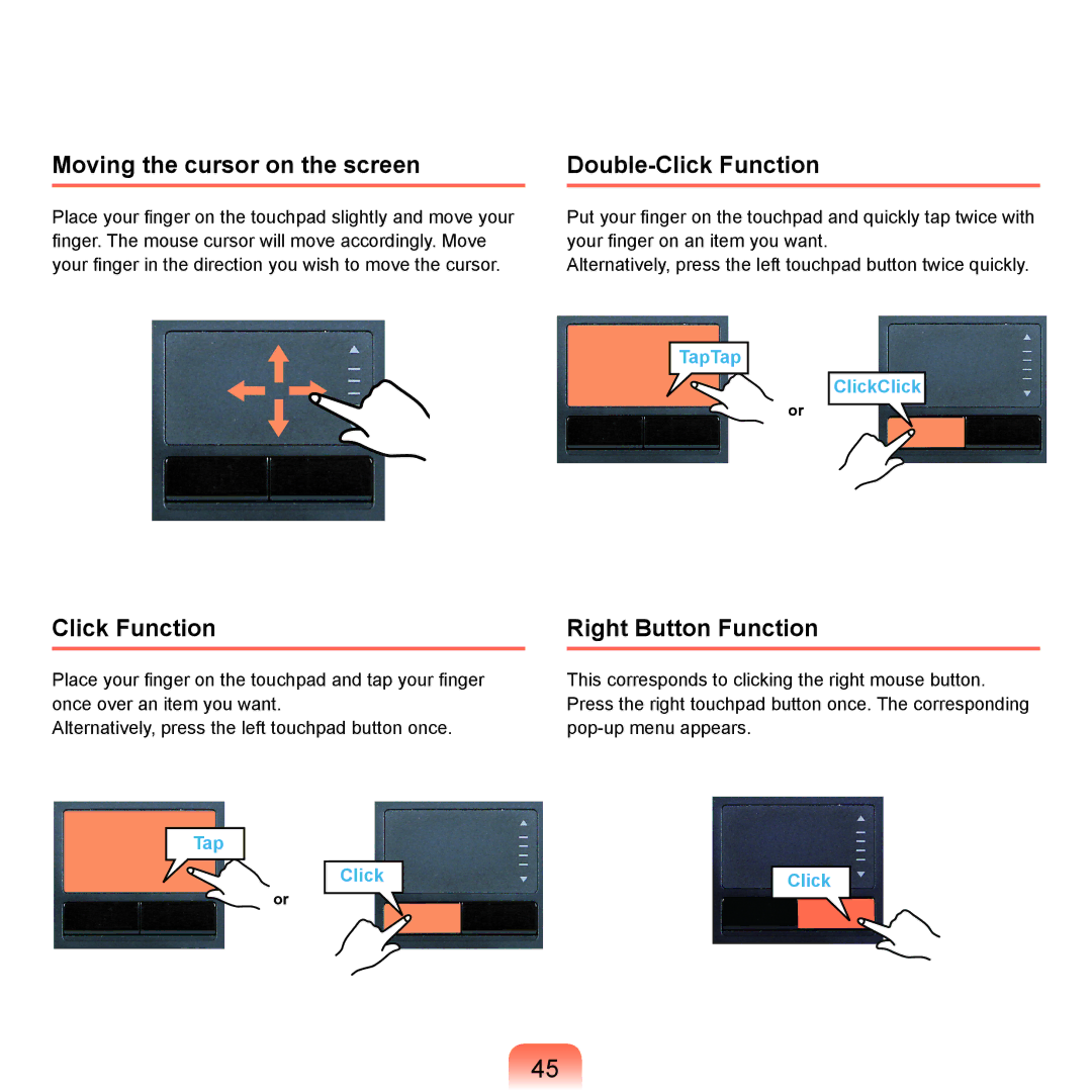 Samsung NP-Q45AV01/SPL manual Moving the cursor on the screen, Double-Click Function, Right Button Function 