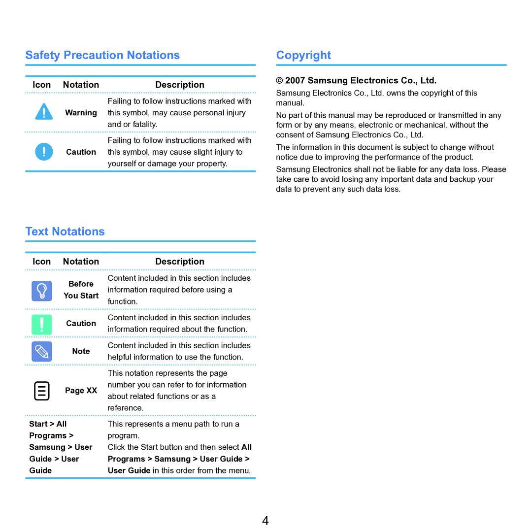 Samsung NP-Q45AV01/SPL manual Safety Precaution Notations, Text Notations Copyright, Icon Notation Description 