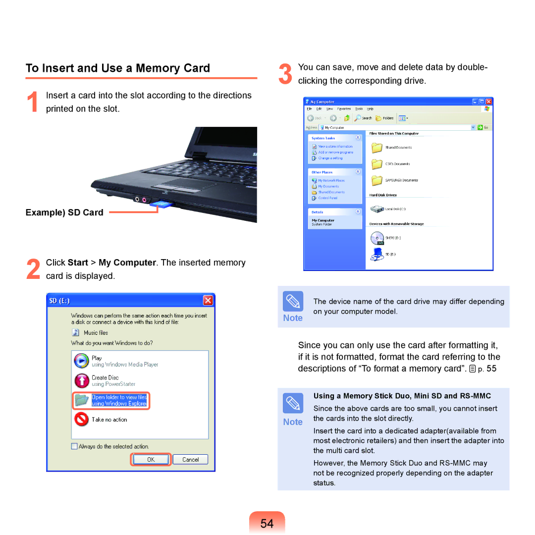 Samsung NP-Q45AV01/SPL To Insert and Use a Memory Card, Example SD Card, Using a Memory Stick Duo, Mini SD and RS-MMC 