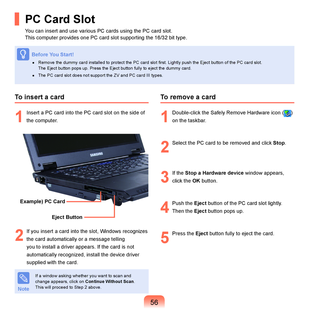 Samsung NP-Q45AV01/SPL manual PC Card Slot, To insert a card, To remove a card, Example PC Card Eject Button 