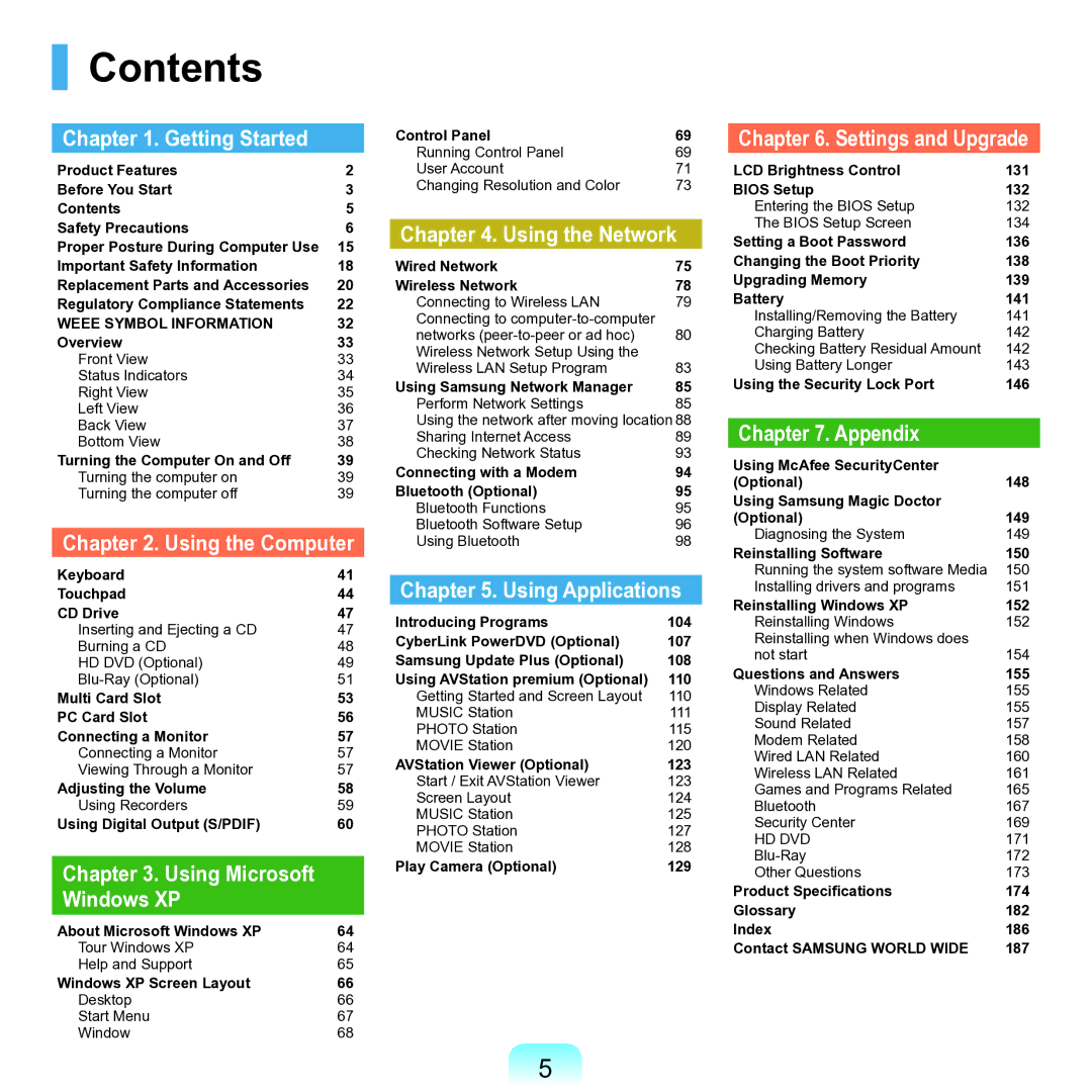 Samsung NP-Q45AV01/SPL manual Contents 