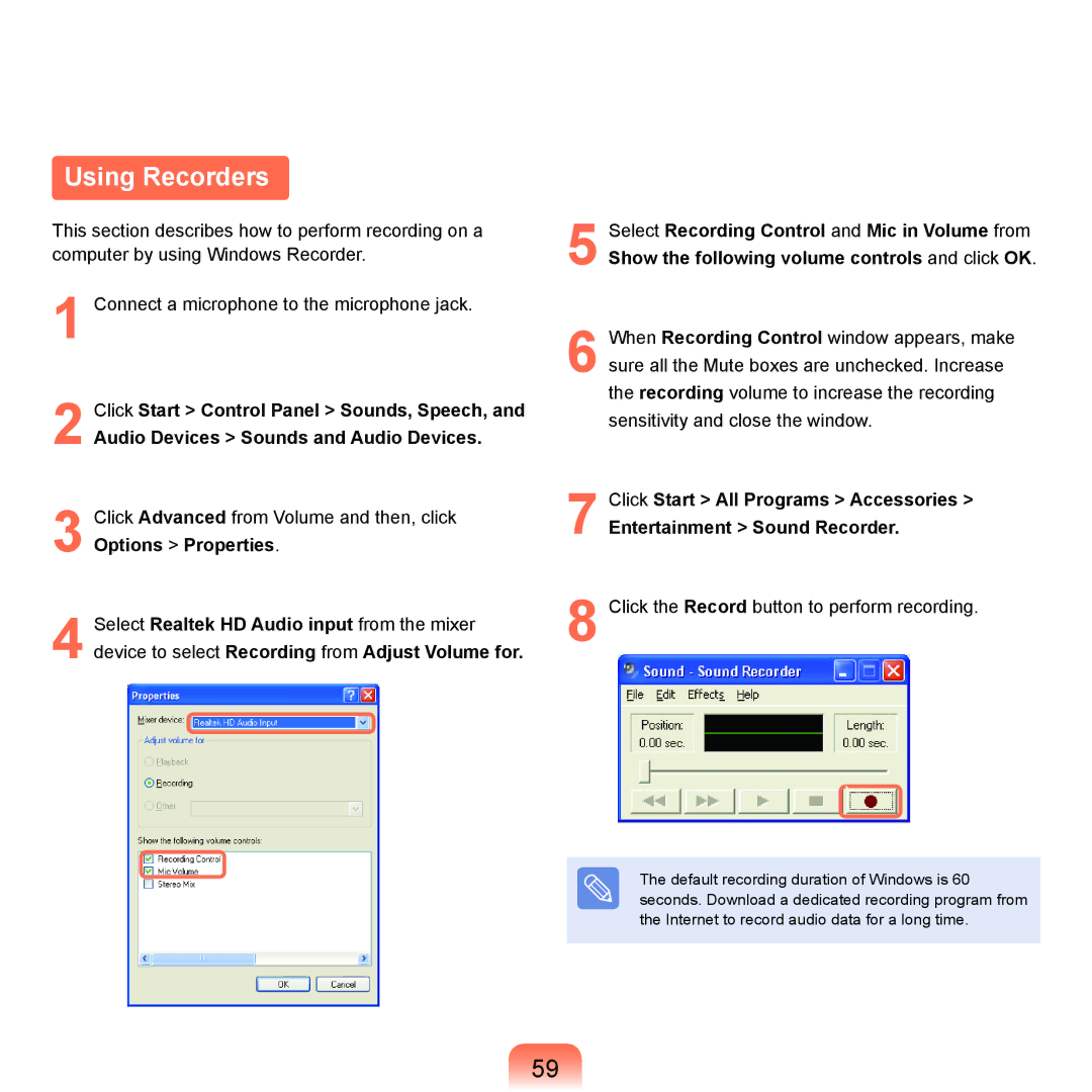 Samsung NP-Q45AV01/SPL manual Using Recorders, Click the Record button to perform recording 