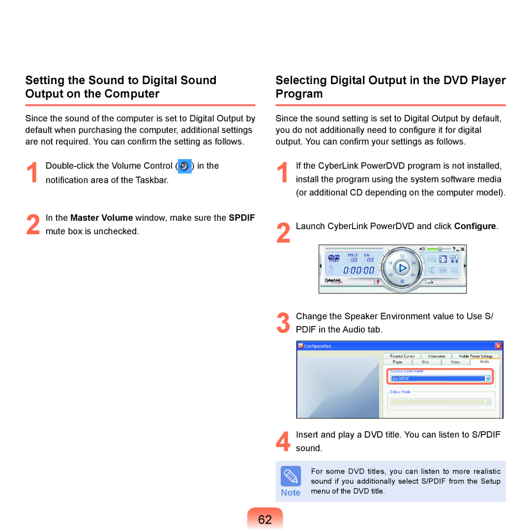 Samsung NP-Q45AV01/SPL manual Setting the Sound to Digital Sound Output on the Computer 