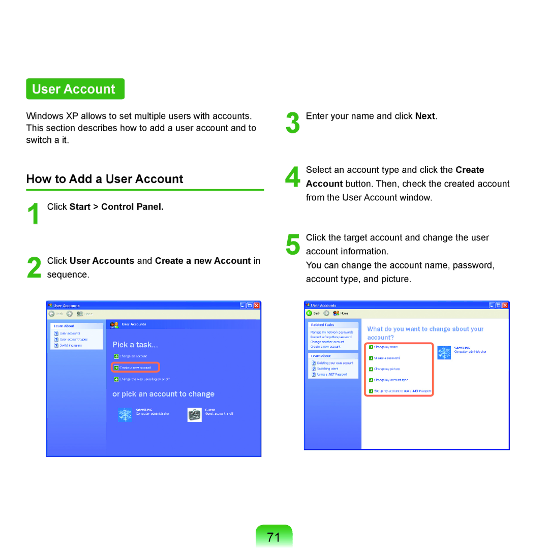 Samsung NP-Q45AV01/SPL manual How to Add a User Account 