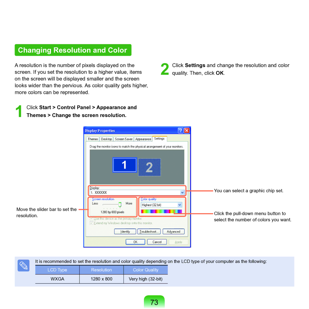 Samsung NP-Q45AV01/SPL manual Changing Resolution and Color 