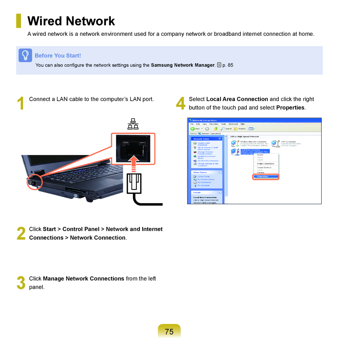 Samsung NP-Q45AV01/SPL manual Wired Network 