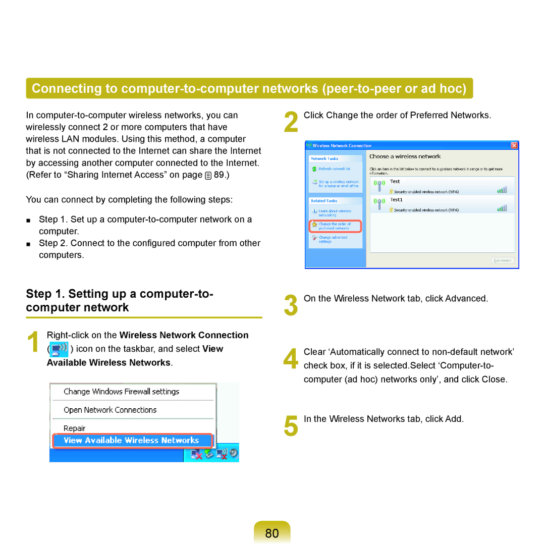 Samsung NP-Q45AV01/SPL manual Setting up a computer-to- computer network, Right-click on the Wireless Network Connection 