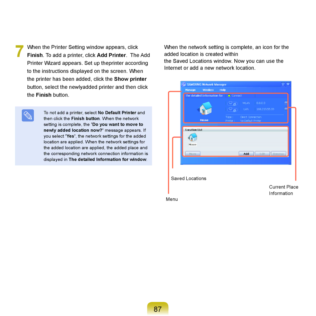 Samsung NP-Q45AV01/SPL manual Saved Locations Current Place Information Menu 