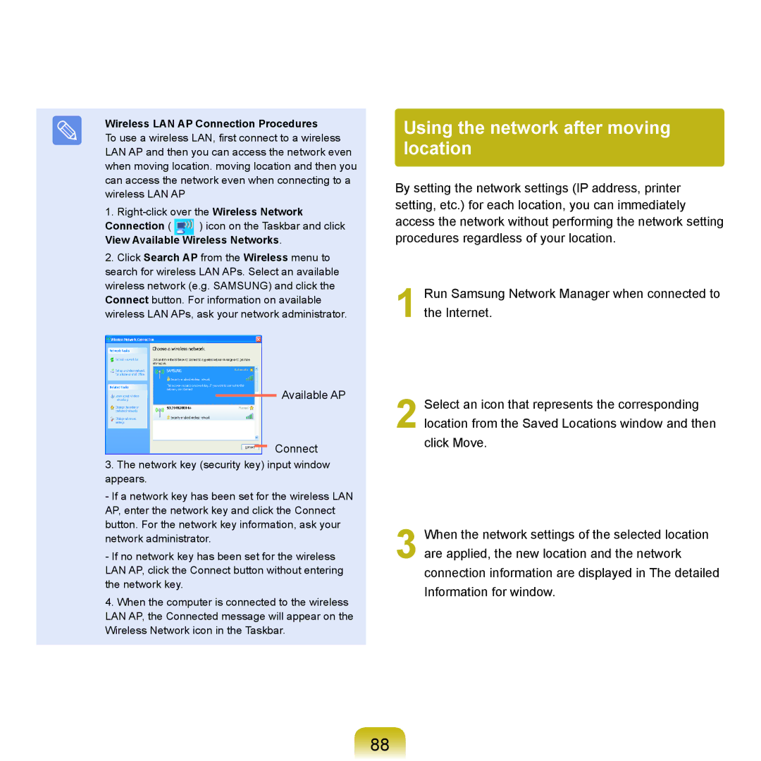 Samsung NP-Q45AV01/SPL manual Using the network after moving location, Wireless LAN AP Connection Procedures 