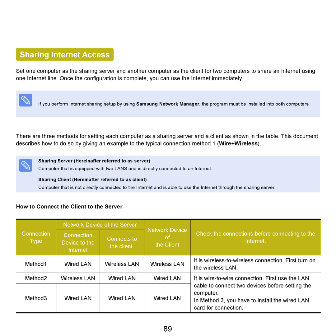 Samsung NP-Q45AV01/SPL manual Sharing Internet Access, How to Connect the Client to the Server 