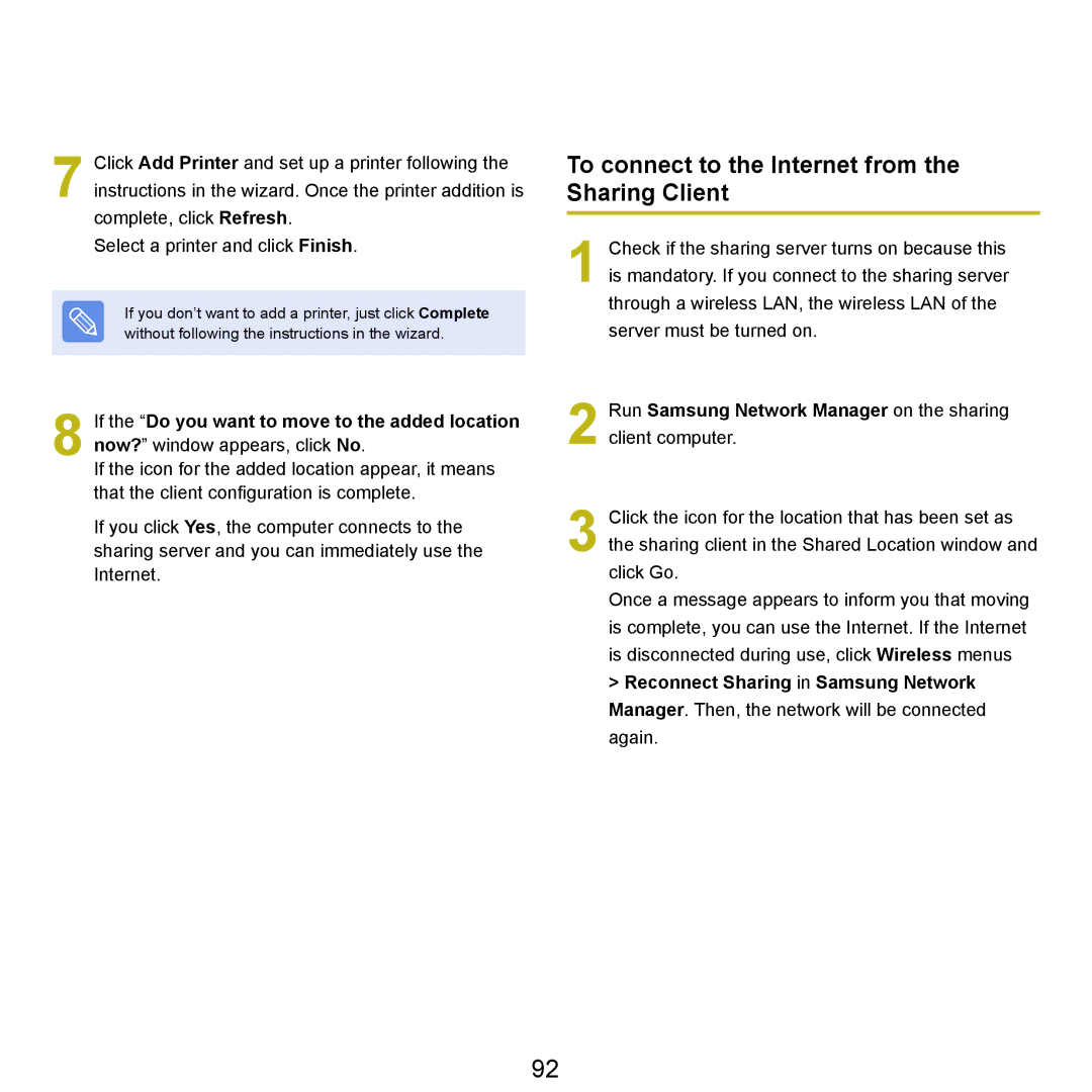 Samsung NP-Q45AV01/SPL manual To connect to the Internet from the Sharing Client 