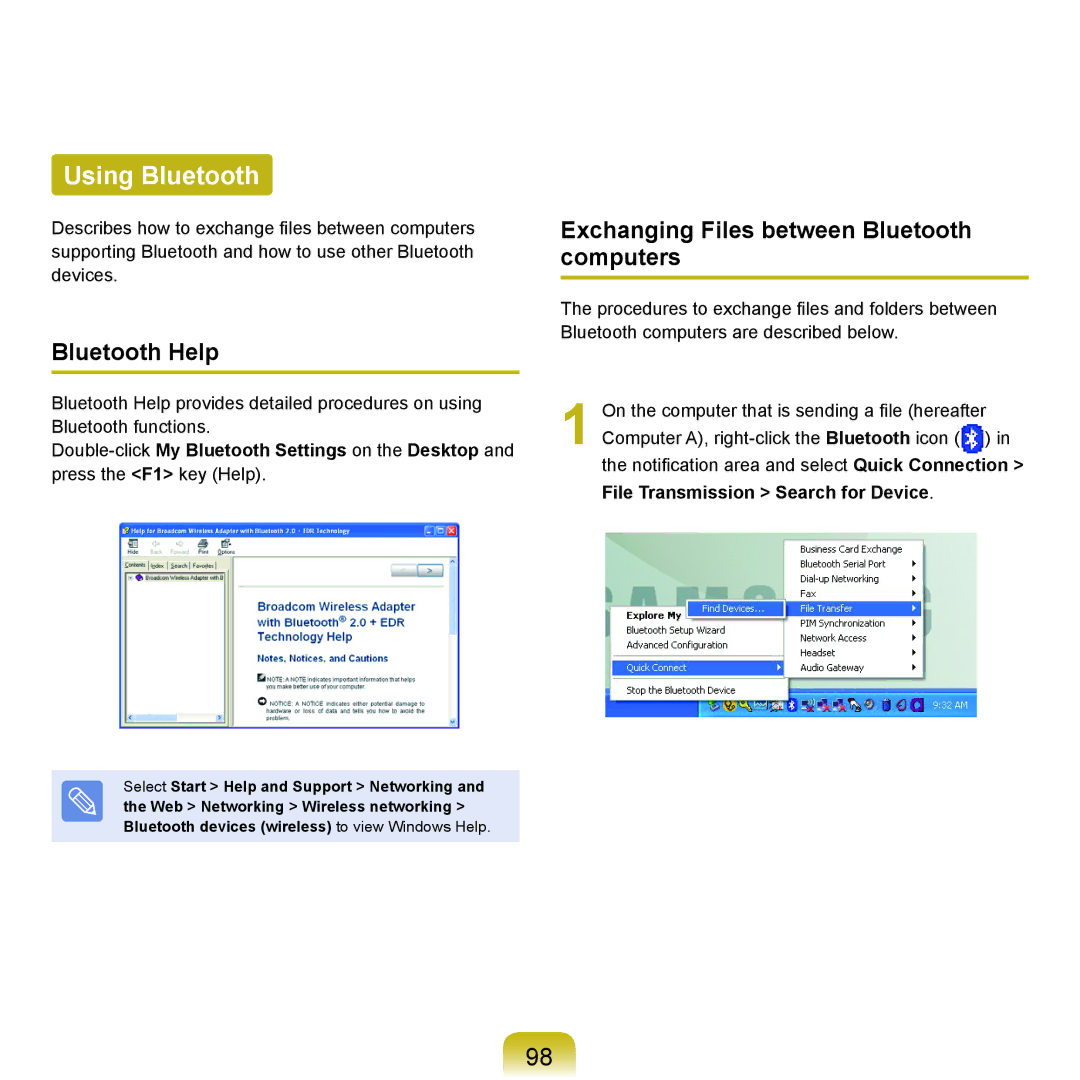 Samsung NP-Q45AV01/SPL manual Using Bluetooth, Bluetooth Help, Exchanging Files between Bluetooth computers 