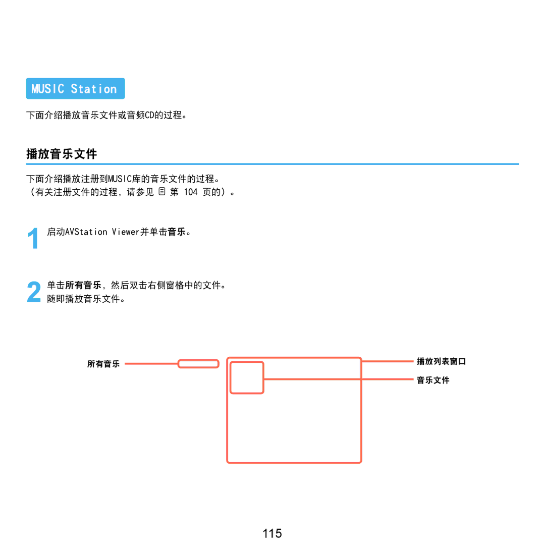 Samsung NP-Q45AV01/SPL manual 115, 下面介绍播放音乐文件或音频cd的过程。, 下面介绍播放注册到MUSIC库的音乐文件的过程。 （有关注册文件的过程，请参见 第 104 页的）。 