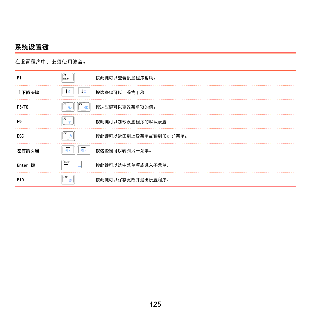 Samsung NP-Q45AV01/SPL manual 125, 系统设置键, 在设置程序中，必须使用键盘。 