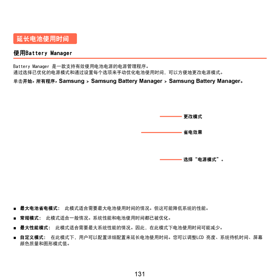 Samsung NP-Q45AV01/SPL manual 延长电池使用时间, 131 