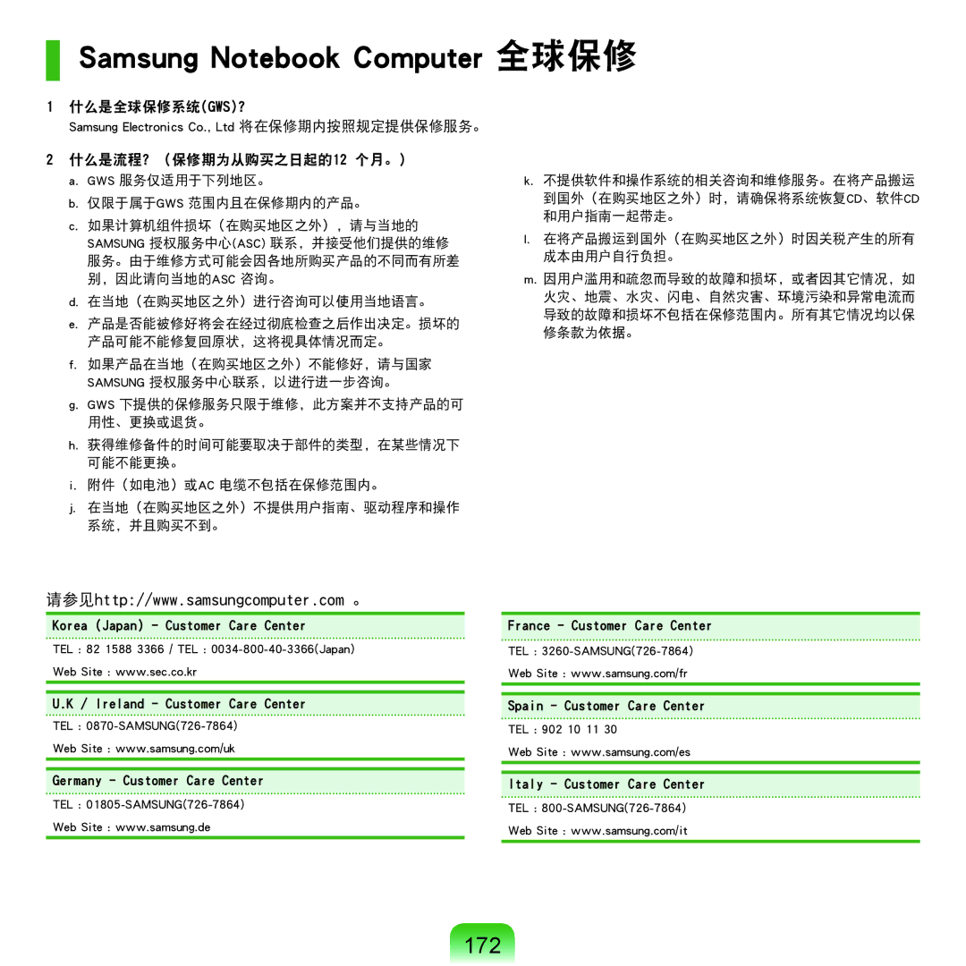 Samsung NP-Q45AV01/SPL manual Samsung Notebook Computer 全球保修, 172 