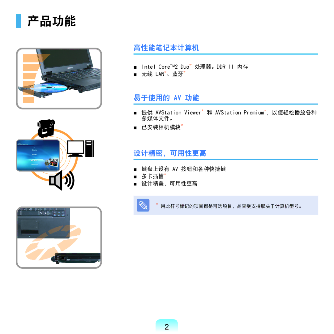 Samsung NP-Q45AV01/SPL manual 产品功能, 高性能笔记本计算机, 易于使用的 Av 功能, 设计精密，可用性更高 