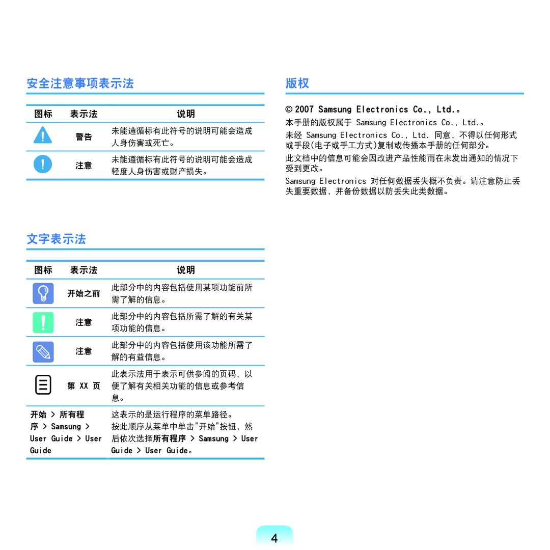 Samsung NP-Q45AV01/SPL manual 安全注意事项表示法, 文字表示法 