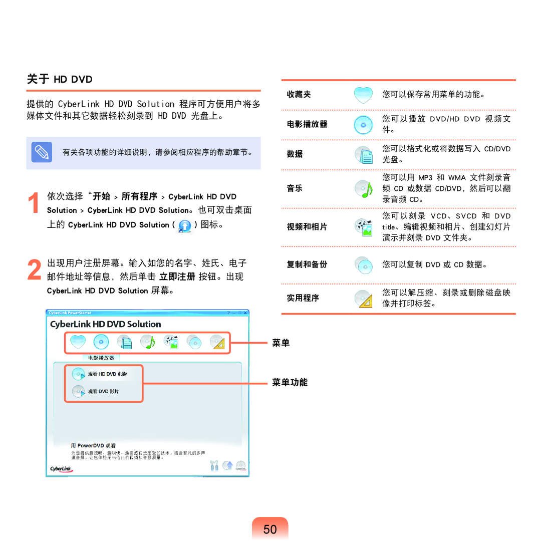 Samsung NP-Q45AV01/SPL manual 关于 Hd Dvd, 菜单功能 