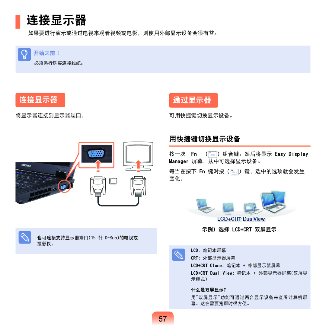 Samsung NP-Q45AV01/SPL manual 连接显示器 通过显示器, 用快捷键切换显示设备 