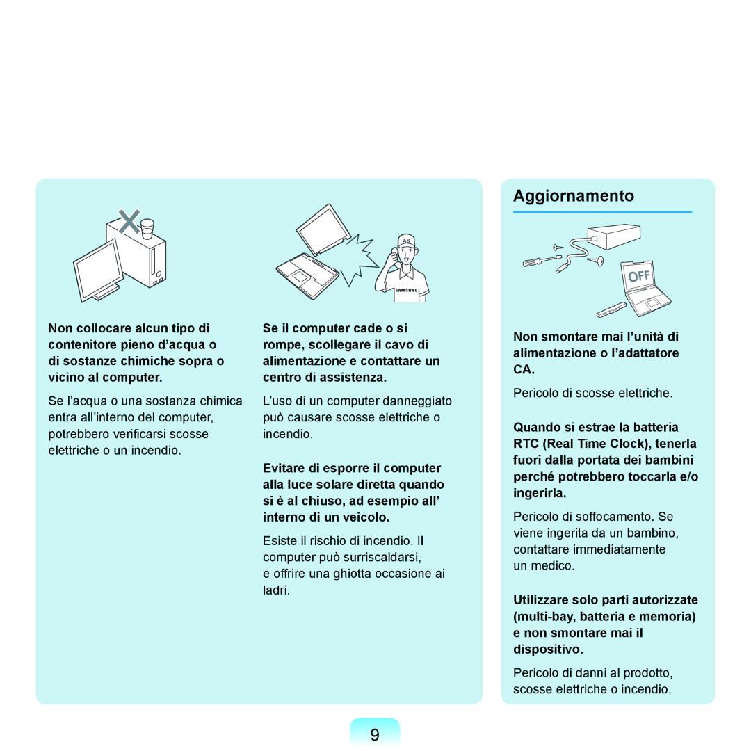 Samsung NP-Q45AV02/SEG, NP-Q45F000/SEI, NP-Q45A002/SEI manual Non smontare mai l’unità di alimentazione o l’adattatore CA 