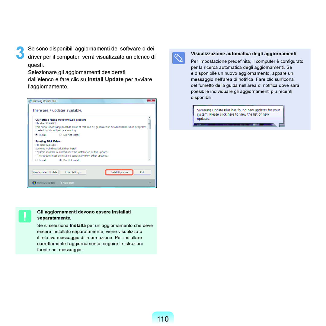 Samsung NP-Q45F000/SEI, NP-Q45AV02/SEG, NP-Q45A002/SEI manual 110, Gli aggiornamenti devono essere installati separatamente 