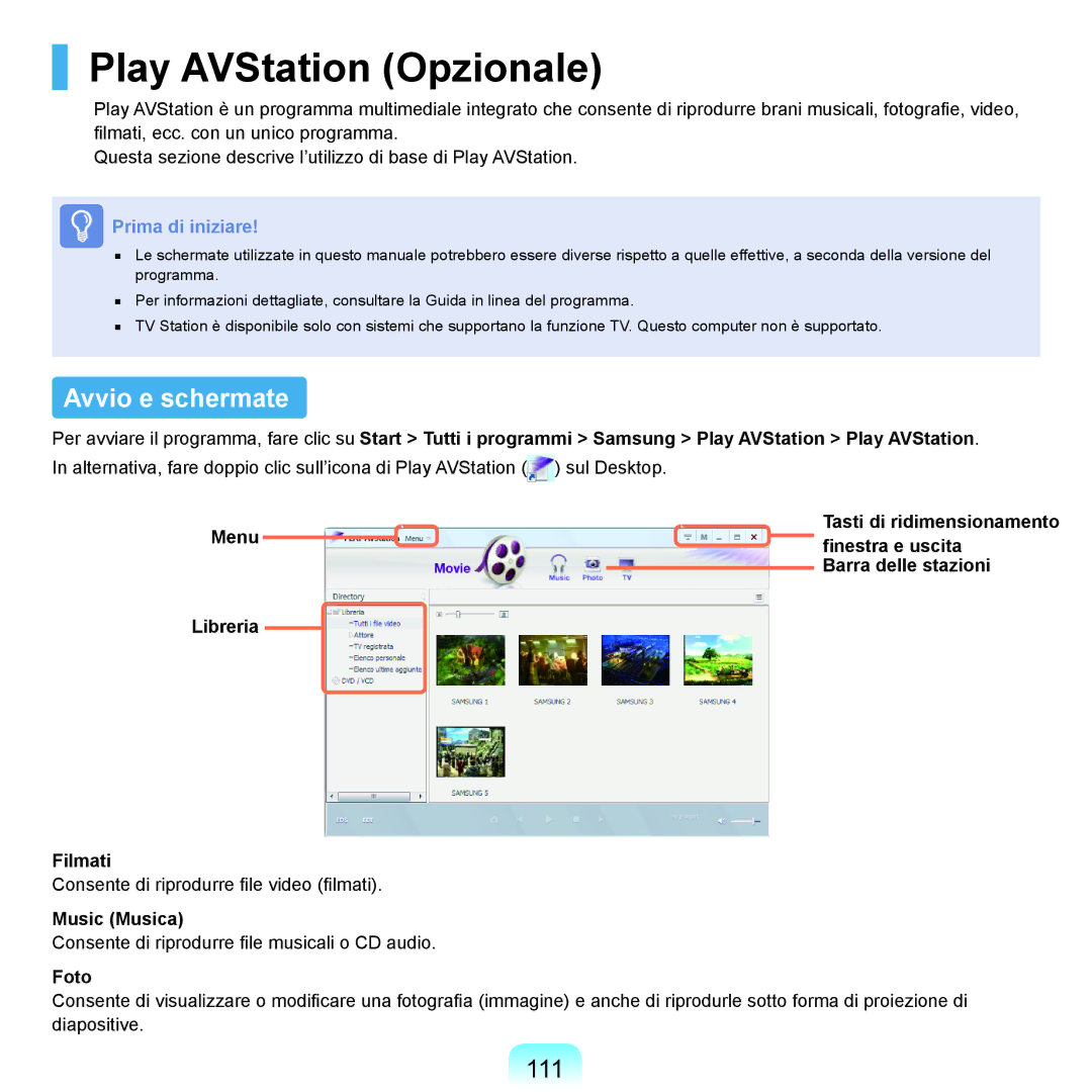 Samsung NP-Q45A002/SEI, NP-Q45AV02/SEG, NP-Q45F000/SEI manual Play AVStation Opzionale, Avvio e schermate, 111, Music Musica 