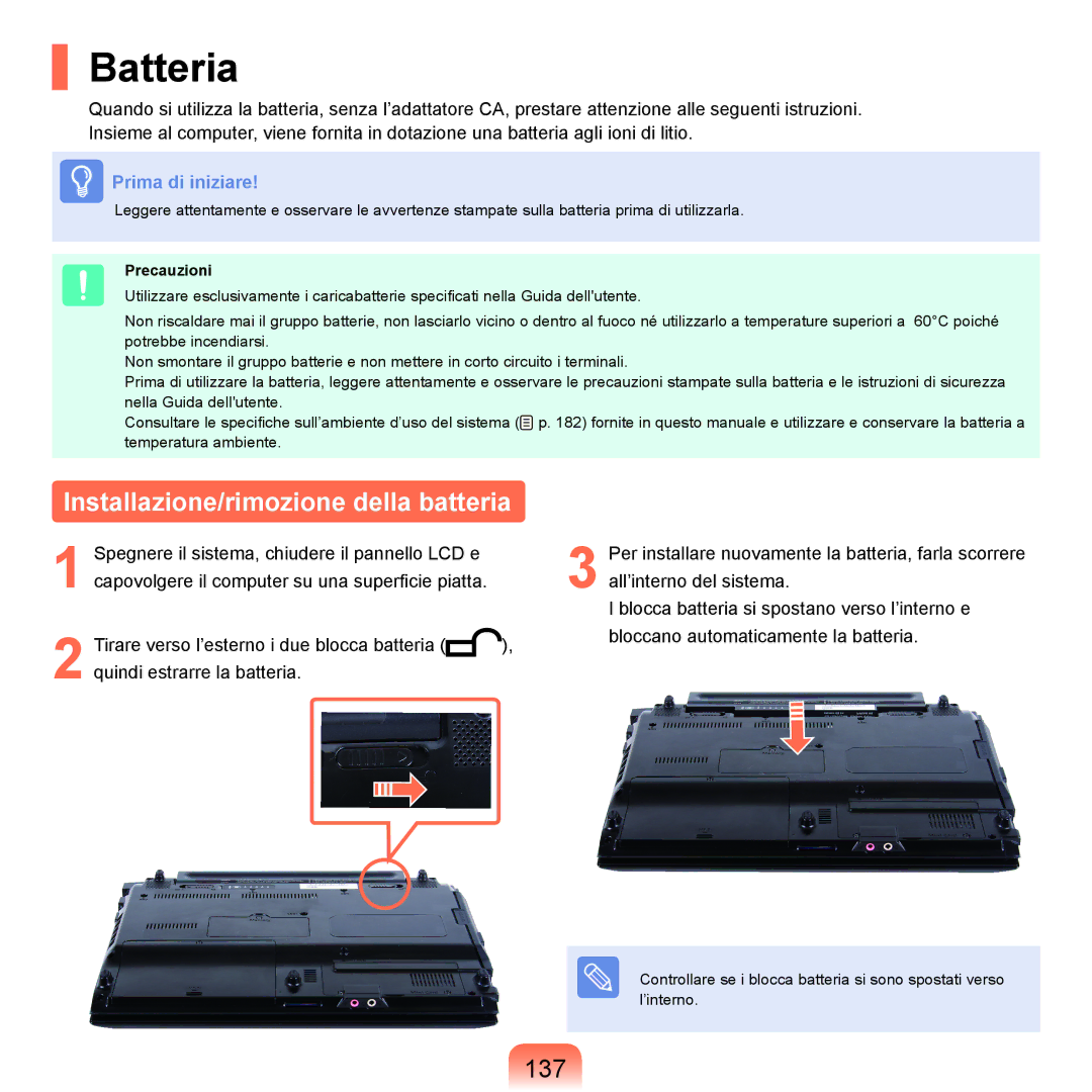 Samsung NP-Q45T003/SEI, NP-Q45AV02/SEG, NP-Q45F000/SEI Batteria, Installazione/rimozione della batteria, 137, Precauzioni 