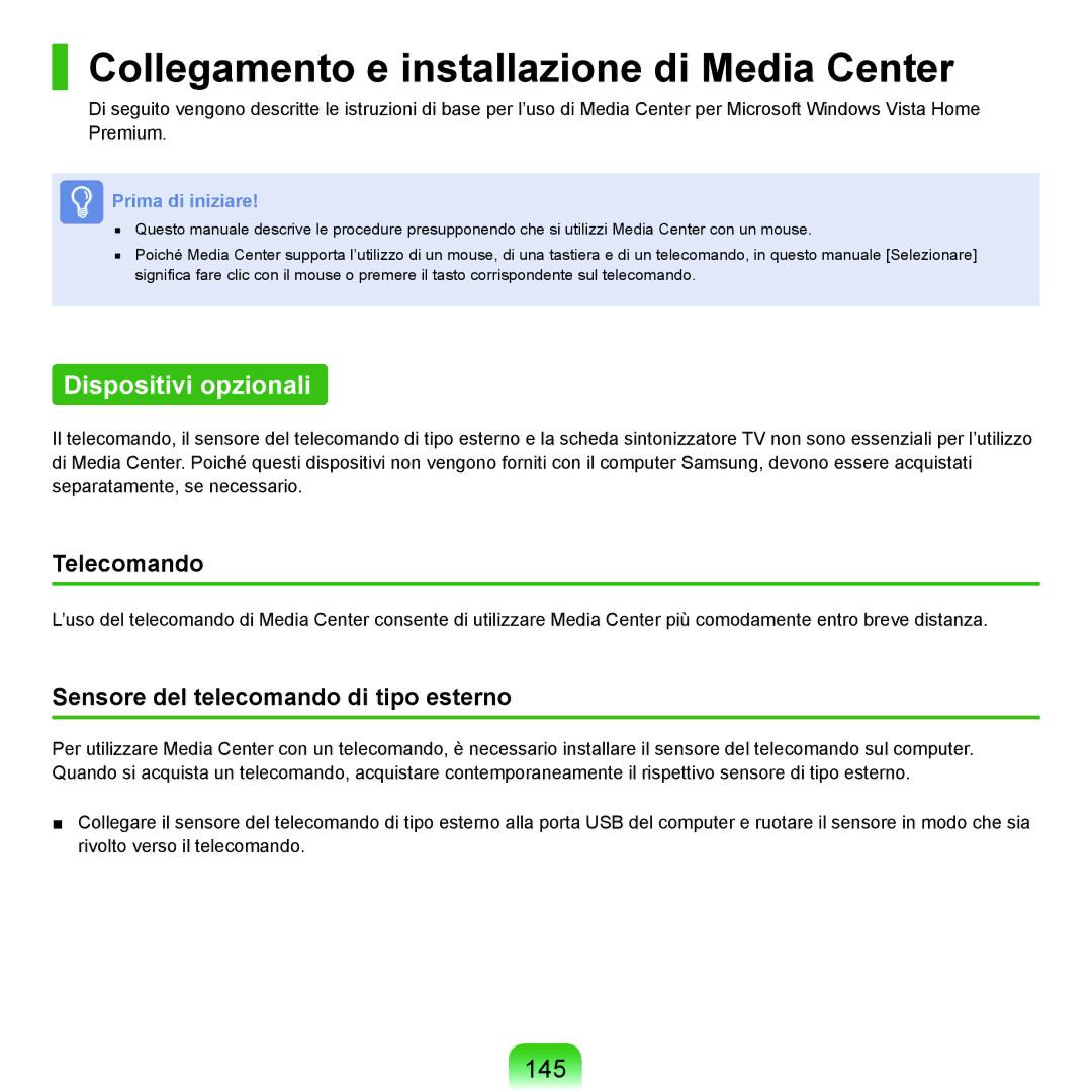 Samsung NP-Q45/E01/SEI manual Collegamento e installazione di Media Center, Dispositivi opzionali, 145, Telecomando 